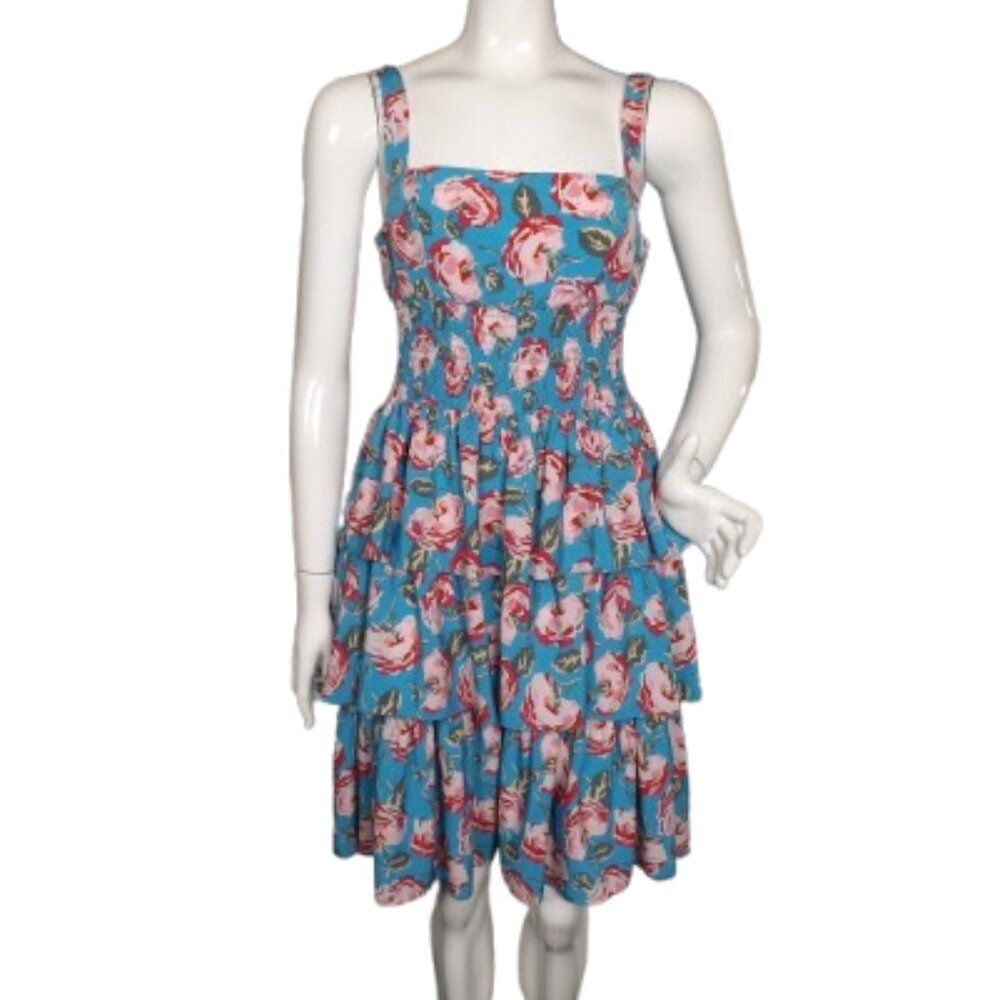 BETSEY JOHNSON Dress, 6, Blue/Pink Floral, Tiered Skirt, Smocked waist, Zipper